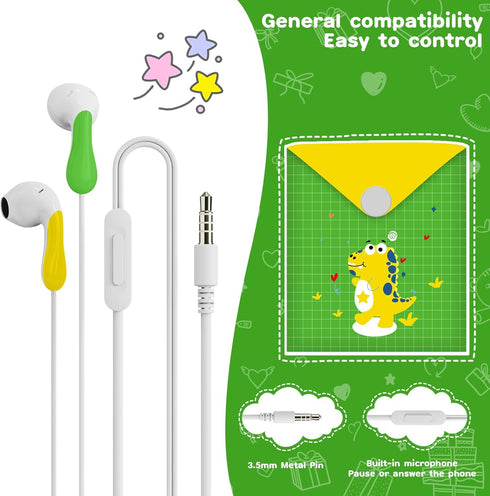QearFun Dinosaur Style Earbuds for Kids in-Ear Headphones,Wired Heavy Bass Headphones,Earphone with Microphone Noise Isolating,Gifts for School Gi...