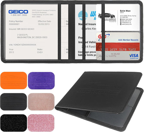 Car Registration and Insurance Holder, Leather Registration and Insurance Card Holder, Vehicle Glove Box Organizer - For Documents, Cards, License...