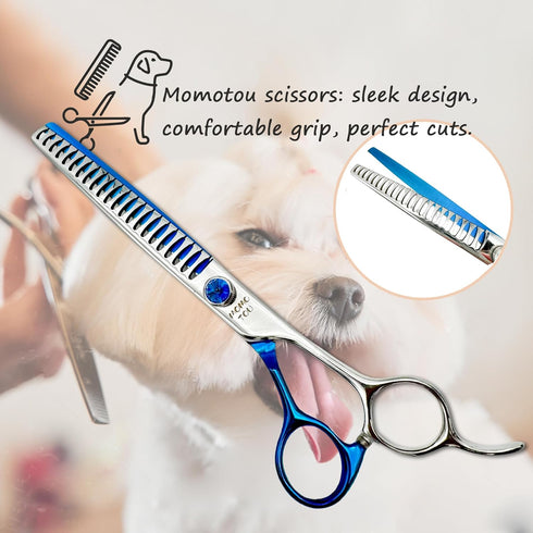 Blue & Silver Chunker Dog Grooming Scissors with Decorative Imitation Diamond Sharp and Durable 7.0'' 9CR Stainless Steel Pet Cat Trimming Shears ...