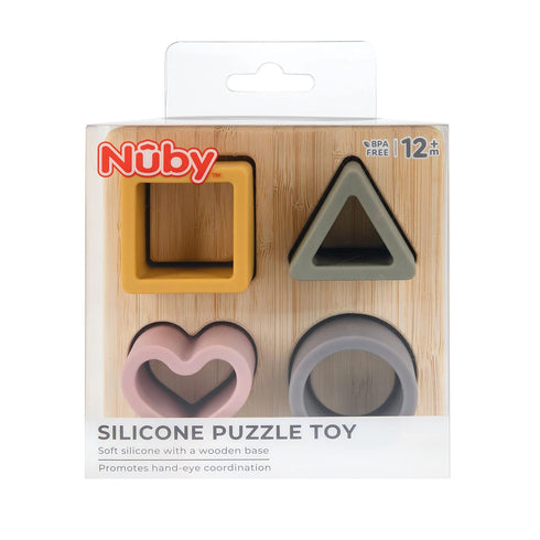 Nuby Soft Shape Silicone Puzzle Toy with Bamboo Wooden Base, Promotes Hand-Eye Coordination, 5 Piece...