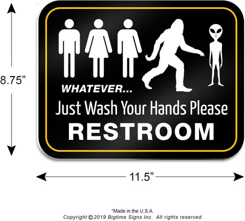 Bigtime Signs Funny Bathroom Sign | 11.5" x 8.75" Rigid PVC | All Gender Bigfoot & Alien Wash Your Hands Please - Bathroom Decor & Signs...
