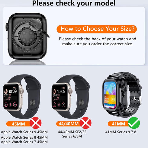 Hensinple IP68 Waterproof Case and Band for Apple Watch Series 9 8 7 41mm with Screen Protector, 360 Protective Hard PC Shockproof Bumper Heavy Du...