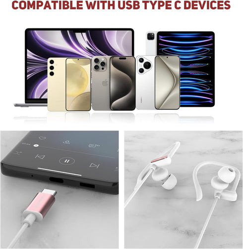 USB C Headphones with Microphone Wired USB C Earphones for Sports and Running Type C Earbuds Hooks Volume Control, Compatible with iPhone 15, Sams...