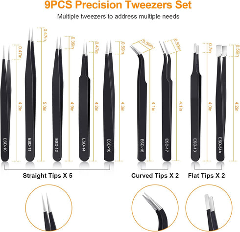 9PCS Precision Tweezers Set, Upgraded Anti-Static Stainless Steel of Tweezers, for Electronics, Soldering, Laboratory Work, Jewelry-Making, Model,...