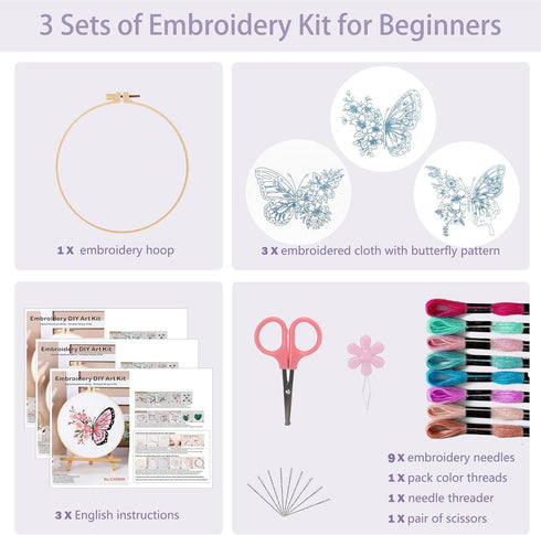 Offizon 3 PCS Embroidery Kit for Beginners - Embroidery Patterns, Embroidery Accessories & Hoop Included, Hand Embroidery Kit for Adults Stitching...