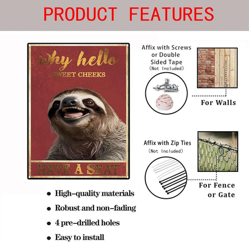 YLUYINOM Retro Tin Sign Why Hello Sweet Cheeks Have A Seat Sloth Lovers S Wall Art Decor For Living Room Coffee Bar Signs Home Farmhouse Toilet De...