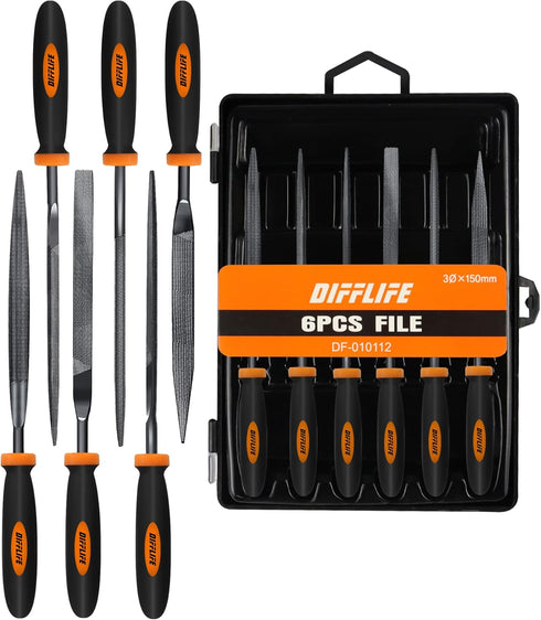 Needle File Set (Carbon Steel 6 Piece-Set) File Handles, Hardened Alloy Strength Steel - Set Includes Flat, Flat Warding, Square, Triangular, Roun...