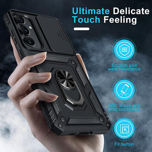 Janmitta for Samsung Galaxy A55 5G Case Built in Slide Camera Lens Cover+Screen Protector+Finger Ring Holder Kickstand,Heavy Duty Shockproof Full ...