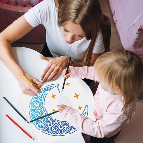 Ramadan Lantern Stencil Eid al-Fitr Drawing Stencil Ramadan Eid Stencils 11.8×11.8inch with Art Paint Brush Eid Mubarak Moon Decorating for Islami...