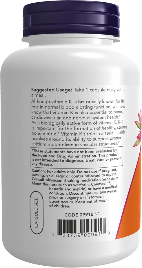 NOW Supplements, Vitamin K-2 100 mcg, Menaquinone-4 (MK-4), Supports Bone Health*, 250 Veg Capsules...