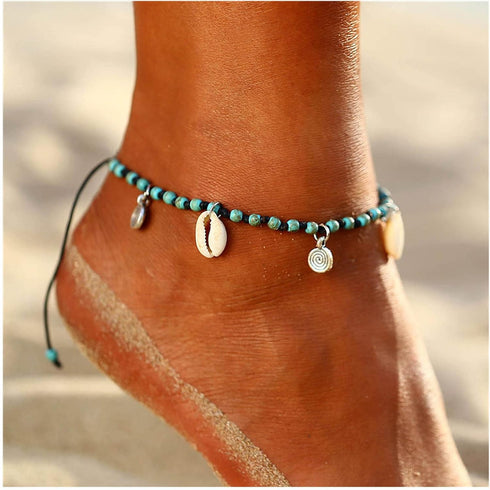 Boho Turquoise Bead Ankle Bracelet Silver Coin Pendant Anklet Bracelet Vintage Cowrie Chain Anklet Turquoise Braided Rope Anklet Foot Chain Jewelr...