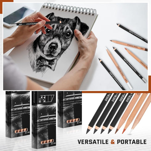 Geyoga 36 Pcs Professional Charcoal Pencils Extra soft, Soft, Medium, Hard, White, Brown for Drawing Charcoal Pencils Drawing Set Pastel Pencils A...
