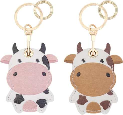 2 Pack Cute Cow Airtag Leather Keychain Holder Case, Kawaii Cow Key Ring Cover for Apple Airtag for Women Girls...
