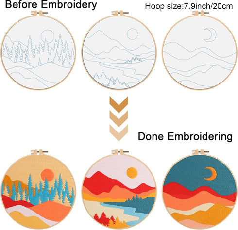 Louise Maelys 3 Set Landscape Embroidery Kits for Beginners with Mountain sun moon pattern,Adults Starter Cross Stitch Kit DIY Needlepoint Kits...