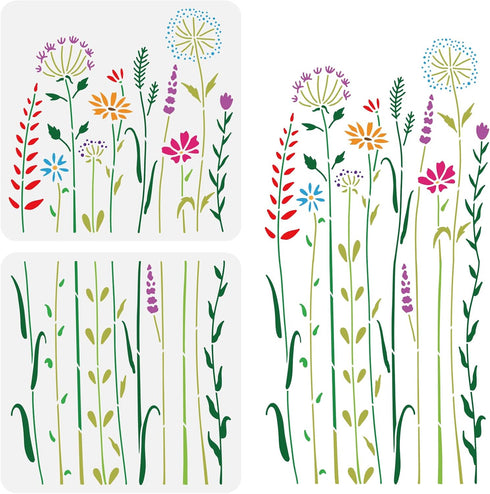 BENECREAT 2Pcs Wildflower Stencils, 12x12inch Tall Flower Weeds Tree Plants PET Painting Templates Drawing Stencils for Scrapbooking, Floor Furnit...