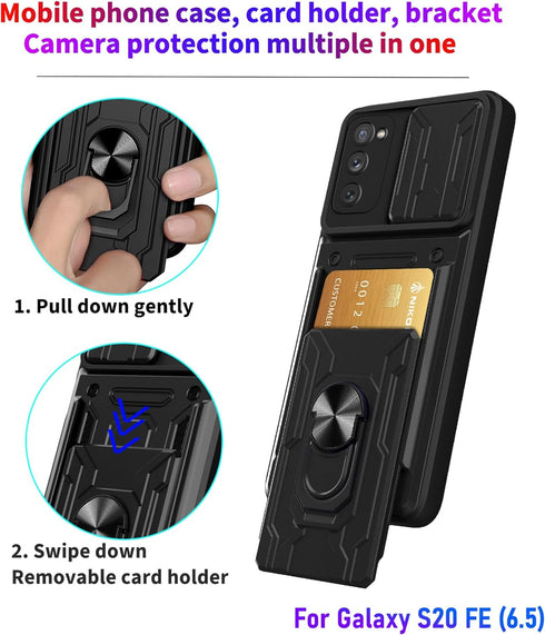 Wallet Case for Samsung Galaxy S20 FE(5G) 6.5 Inch, Credit Card ID Card Slot Sliding Door Hides Portable Design, Double Layer Hybrid Military Grad...
