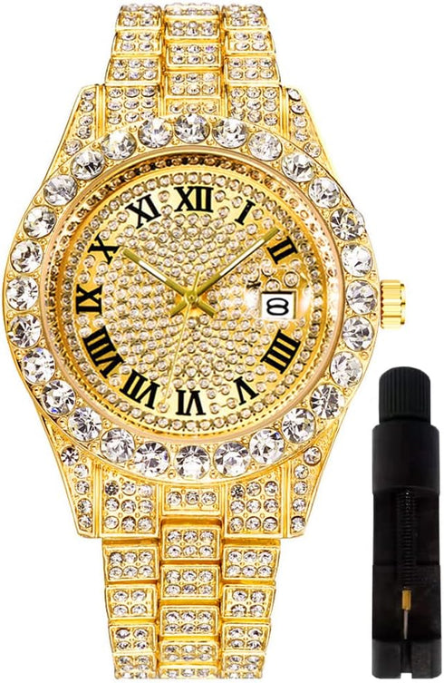 Hip Hop Watches for Men Iced-Out Bling Diamond Luxury Quartz Watches with Date...