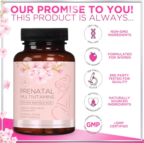 Hello Lovely! Women's Prenatal Multivitamin with Folic Acid + DHA, Prenatal Vitamins w/Folate, Omega 3, Vitamins D3, B6, B12 & Iron, Pregnancy Sup...