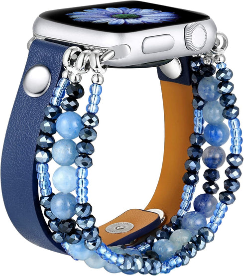 fastgo Bracelet Band Leather Compatible with Apple Watch 38mm 40mm 41mm Women, Dressy Fancy Elastic Beaded Jewelry Strap for Iwatch SE& Series 9 U...