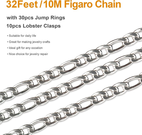 Kyutong 32.8 Feet Silver Jewelry Making Chain Roll Necklace Chain Bulk Stainless Steel Figaro Chains Link with Jewelry Making Supplies for Necklac...