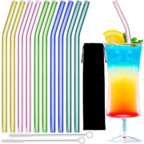 10 Pack Reusable colorful Glass Straws, 8" Shatter-Resistant Bent Drinking Straws for Smoothies, Milkshakes, Hot/Cold Drinks, with 2 Cleaning Brus...