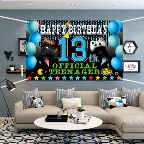 13th Video Game Happy Birthday Decorations Backdrop Banner, 13th Official Teenager Birthday Party Decorations Photo Background 13th Backdrop for B...