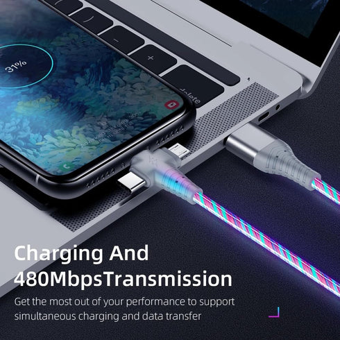 3 in 1 LED RGB USB Charging Cable, USB C, Micro B, and 1 pin for I Products...