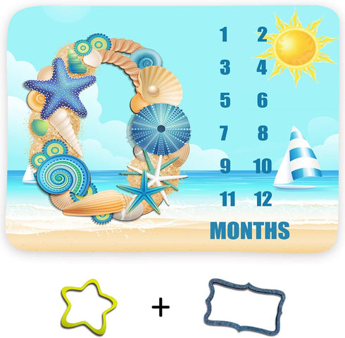 Blue Sea Beach Baby Monthly Milestone Blanket, 48x40in Sun Surfing Starfish Blanket Soft Flannel for Newborn Baby Shower, Baby Growth Chart Photog...
