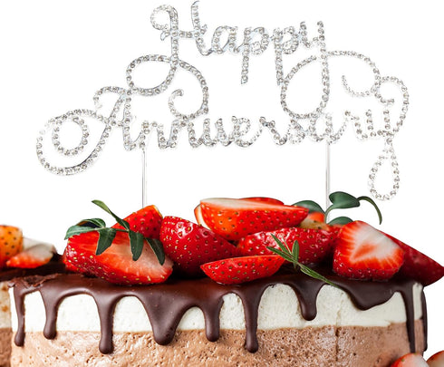 Happy Anniversary Cake Topper Wedding Anniversary Crystal Rhinestone Party Decoration Silver (Silver)...