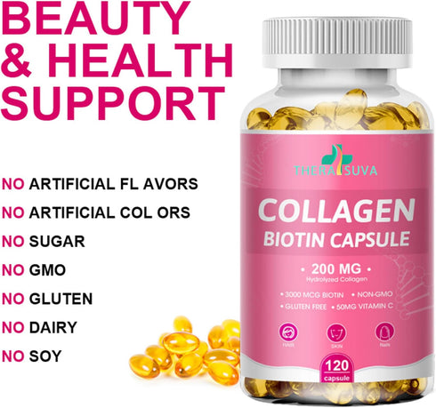 Multi Collagen Complex 200MG + Biotin 3000MCG + Vitamin C 50MG Per Serving! Promotes Healthy Hair, Beautiful Skin, and Nail Support! 120 Capsules,...