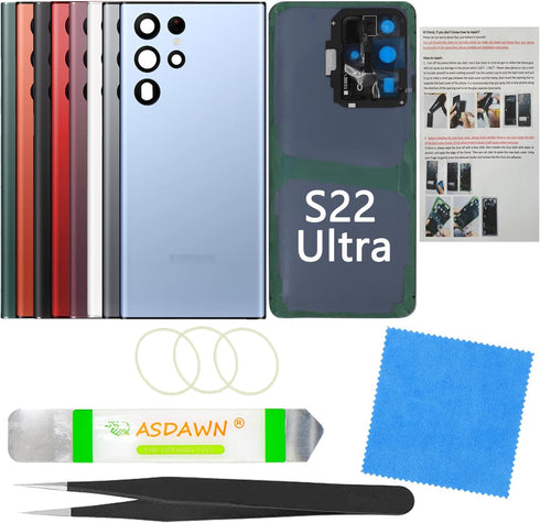 Galaxy S22 Ultra Back Glass Replacement Cover w/Installation Manual +Pre-Installed Camera Lens +All The Adhesive +Repair Tool Kit for Samsung Gala...