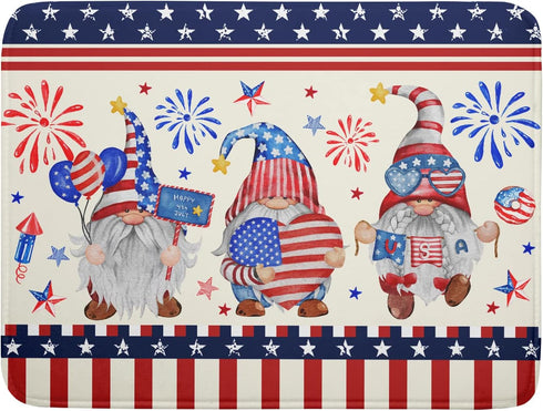 4th of July Drying Mat for Kitchen Counter 18 x 24 in - US Independence Day Patriotic Gnomes Microfiber Large Dish Drainer Mats Protector Pad for ...