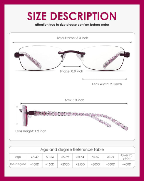3 Pack Rimless Reading Glasses for Women Blue Light Blocking Readers Tinted Edge Spring Hinge Pattern Print Arm Eyeglasses Mix 2.00...