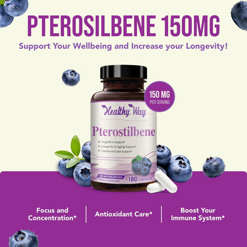 150mg Pterostilbene Supplement - Once Daily Antioxidant Supplement for Healthy Aging Immune Heart Skin and Brain Support - Naturally Derived Non-G...