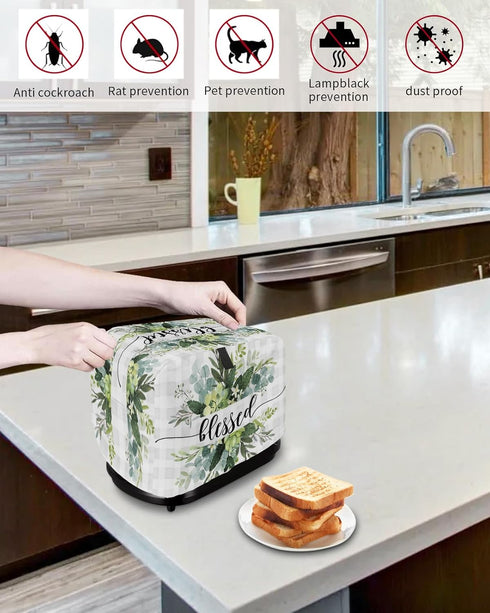 2 Slice Toaster Cover, Bread Machine Cover Farm Plant Summer Eucalyptus Leaves Gray Plaid Kitchen Appliance Dust Cover with Top Handle Fingerprint...