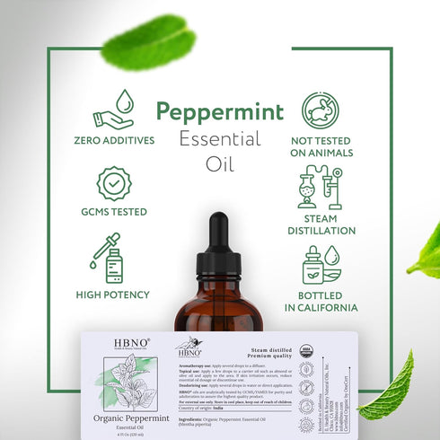 HBNO® California Bottled Organic Peppermint Essential Oil (Mentha Piperita) 4 fl oz (120ml) - USDA Certified Organic Peppermint Oil for Hair - Per...