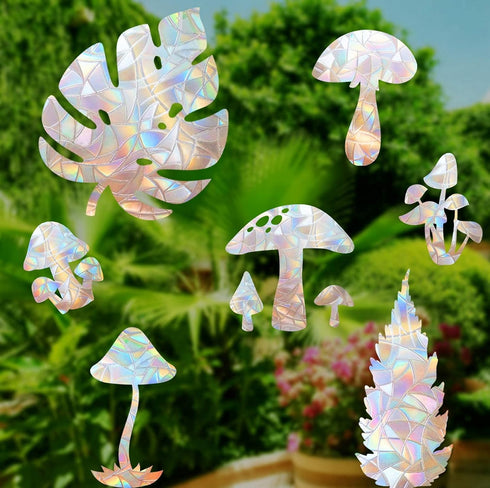 STICKERGURU 16 Pieces Mushroom and Leaf Window Clings - Anti-Collision Window Decals to Save Birds from Window Collisions,Non Adhesive Prismatic V...