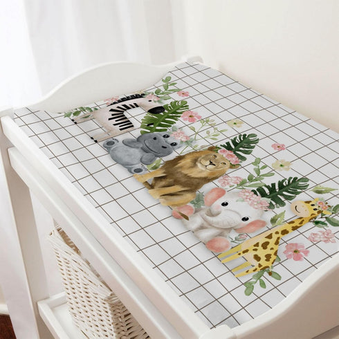Baby African Safari Animals Changing Pad Cover Lion Elephant Giraffe Hippo Zebra Floral Leaves Baby Changing Table Pad Sheet for Boy Girl Soft Bre...