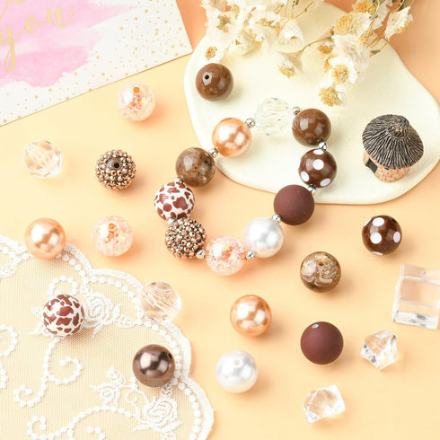 50 Pcs/Set Coconut Brown Leopard Print Beads Bracelet Bead Kit with Chain Clasp Candy Color Acrylic Round Spacer Beads for Jewelry Making...