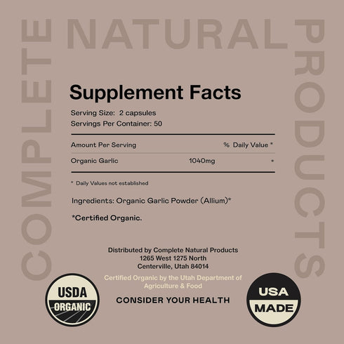 Complete Natural Products Organic Garlic Capsules - 520mg Capsules 100 Count Vegetarian Pills Supplement, Garlic Powder Capsules & Extract...