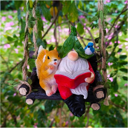 Garden Gnome Outdoor Statue, Resin Gnome Figurine with Squirrel Reading Book Hanging Decor, Resin Farmhouse Animal Hammock for Holiday Patio Yard ...