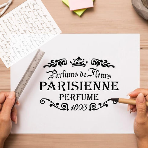 Script Stencils Reusable French Writing Stencils for Painting on Wood Furniture DIY Crafts Canvas Paper Fabric Wall Home Decoration (6pcs Script)...