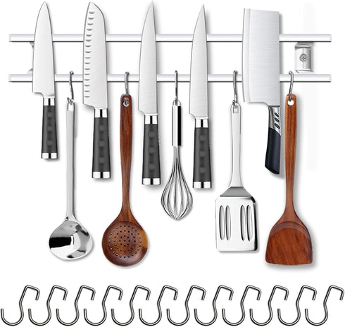 YIIYIIN 18 Inch Magnetic Knife Holder for Wall Mount-Magnetic Knife Strips with 12 Hook-304 Stainless Steel Wall Magnetic Knife Bar Rack-Knife Blo...
