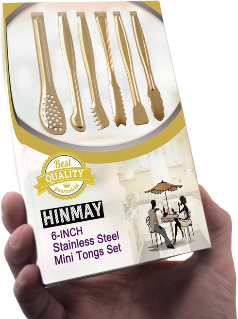 Gold Plated Mini Serving Tongs Set 6-Inch Appetizers Tongs Stainless Steel Small Sugar Cube Tongs Ice Tongs, Set of 6...