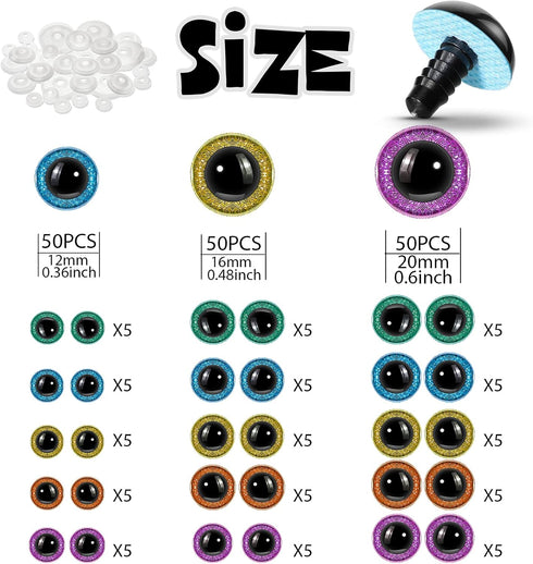 150 Pcs Large Safety Eyes for Crochet Amigurumi Safety Eyes 12/16/20 mm Glitter Stuffed Animal Eyeball Colorful Crochet Accessories for Puppet Bea...