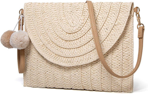 Straw Shoulder Bag Straw Clutch Women Hand-woven PomPom Straw Crossbody Bag Summer Beach Envelope Purse Wallet...