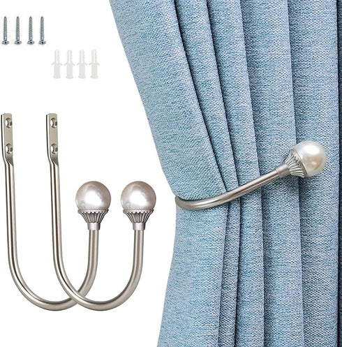 Coolnice 2 Pack Curtain Holdbacks Wall Mounted Curtain Tiebacks Hooks Plastic Pearl U Shape Curtain Tiebacks with Screws Curtain Ties for Home Off...