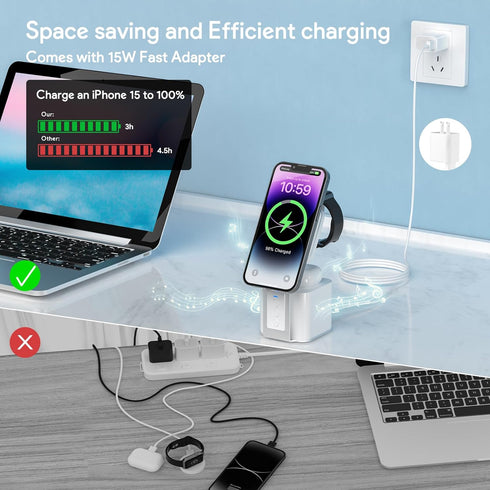 4 in 1 Magnetic Wireless Charging Station - 15W Fast Phone Charger Stand, Blue-Tooth Speaker, Phone and Watch Charger Station for iPhone 15 14 13 ...