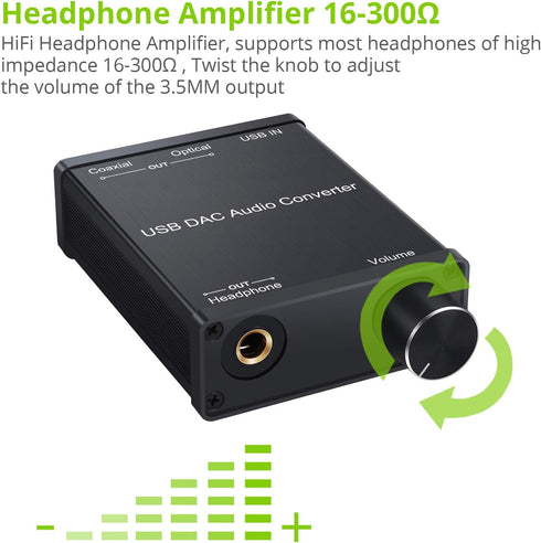 LiNKFOR USB DAC and Headphone Amplifier, Coaxial/Optical/6.35mm Headphone Output, USB to Coaxial S/PDIF Digital to Analog Converter Comaptible wit...
