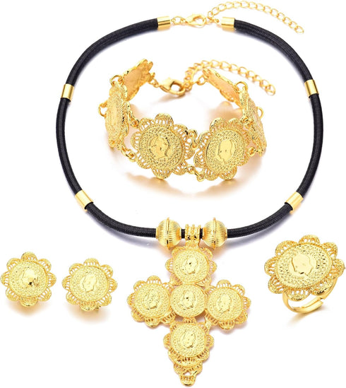 Ethiopian Jewelry for Women Set Ethiopia Coins Jewelry with Black Rope African Wedding Engagement Gift...